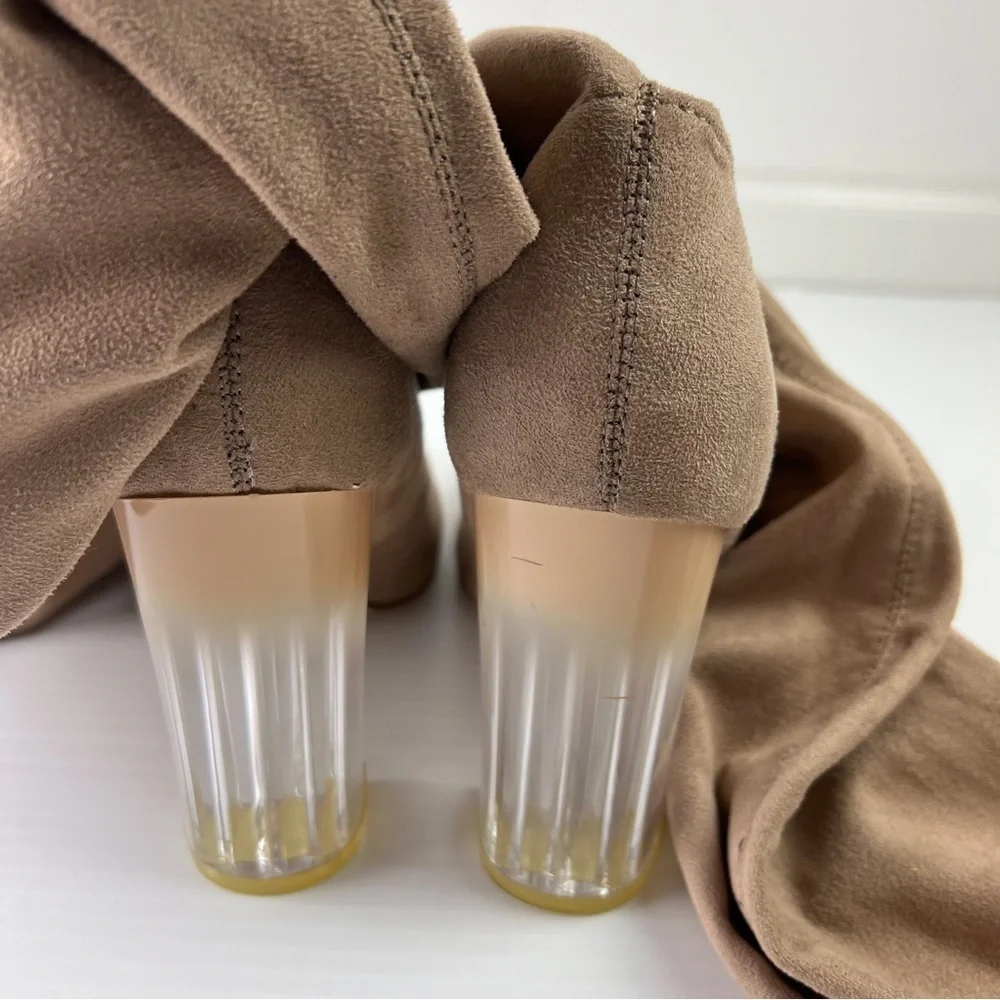 Truffle Collection Boots womens 8.5 Tan Knee High Theda Clear Heel Pull On